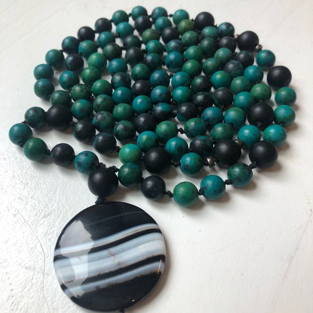 Gemstone Mala Necklace with Chrysocolla, Black Onyx, Black Sardonix